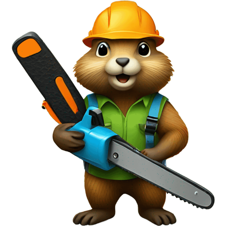 Woodchuck in climbing gear and hard hat holding a chainsaw  emoji