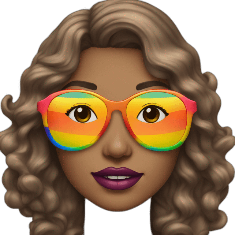 gay pride sunglasses on female head with wavy brown hair and rainbow lipstick emoji