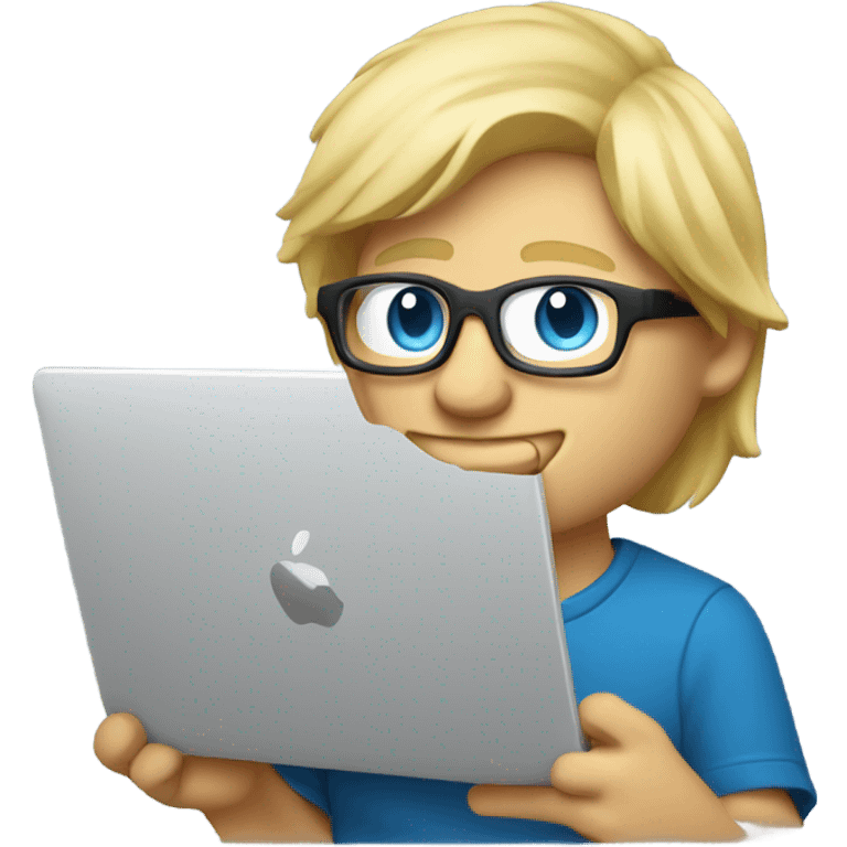 male, PCB designer behind macbook, blond, blue eyes with classes emoji