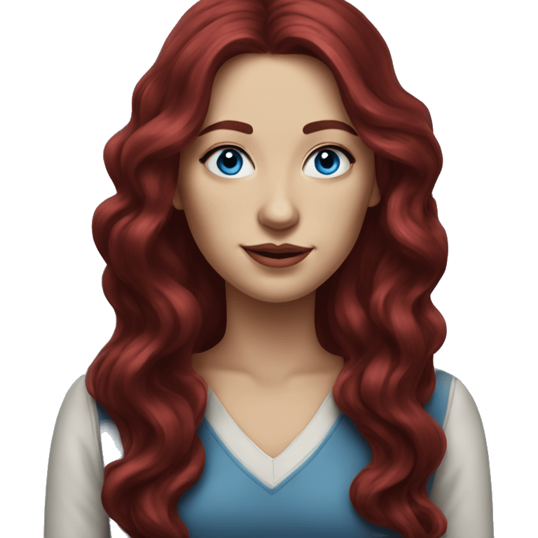 Realistic portrait of woman with long, wavy, dark red velvet colored hair and blue eyes  emoji