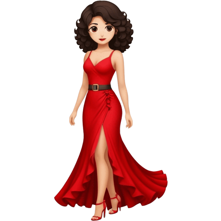 Una chica cuerpo completo con cintura pelo rizado perfecto largo morena con vestido rojo largo emoji