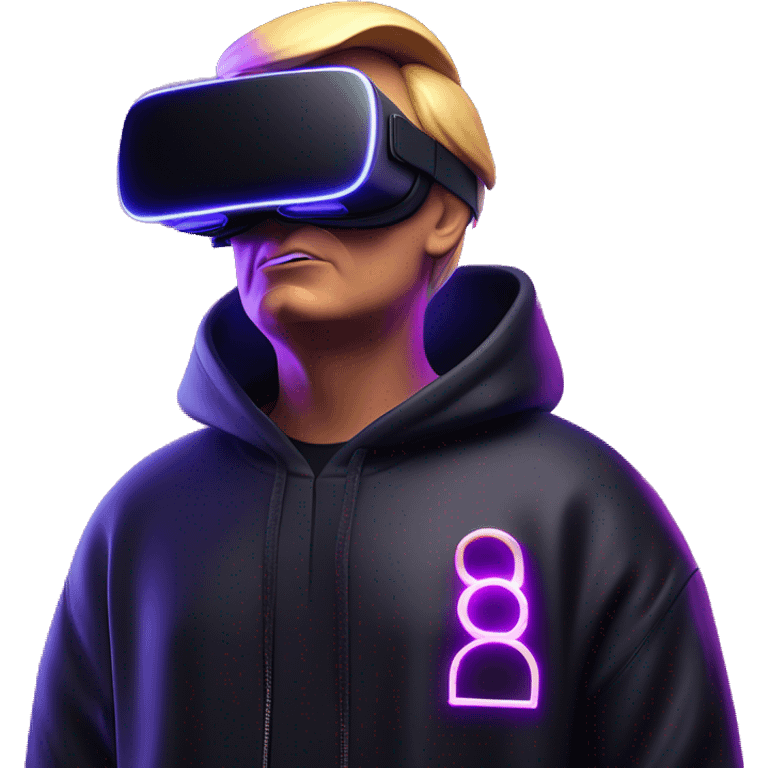 Donald Trump wearing a black hoodie with "OMG" letters on it and VR headset oculus quest 2 in a cyberpunk VR environment with violet neon lighting. emoji