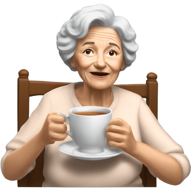 3d hyper realistic senior woman drinking a cup of tea with a biscuit  emoji