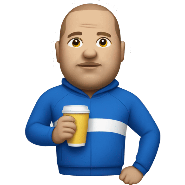 fat man in blue sweatsuit with white stripe sipping cup emoji