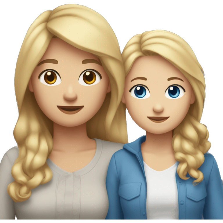 Two lesbian moms, one has brown hair and blue eyes, the other one has light brown hair and brown eyes, two daughters, both daughters have blonde hair and blue eyes emoji