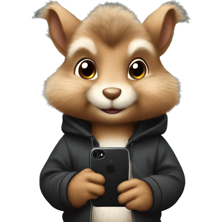 Cute realistic fluffy Squirrel with fluffy ears in black hoodie holding an iPhone  emoji