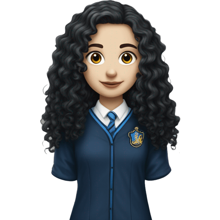 Hyper realistic White girl with long black curly hair wearing a ravenclaw school inform emoji