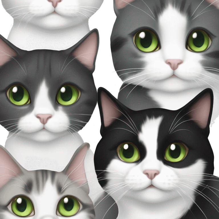 gray and white tuxedo cat with green eyes playing with long hair brown black and white calico cat with green eyes emoji