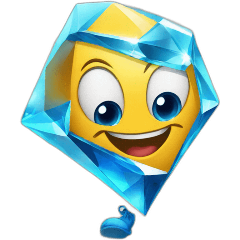 A blue brilliant diamond character with a funny face near the finish line emoji