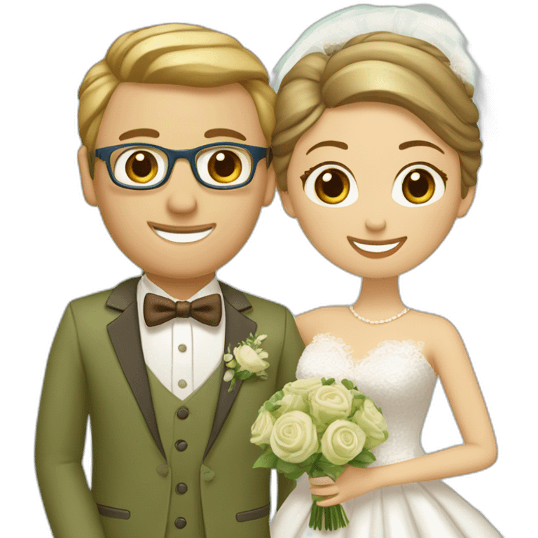 A bride and groom. Bride has brown hair in a bun, blue eyes, wears a lace dress. Groom has blond hair, wears gold glasses, wears an olive green suit with a brown vest and a bow tie. emoji