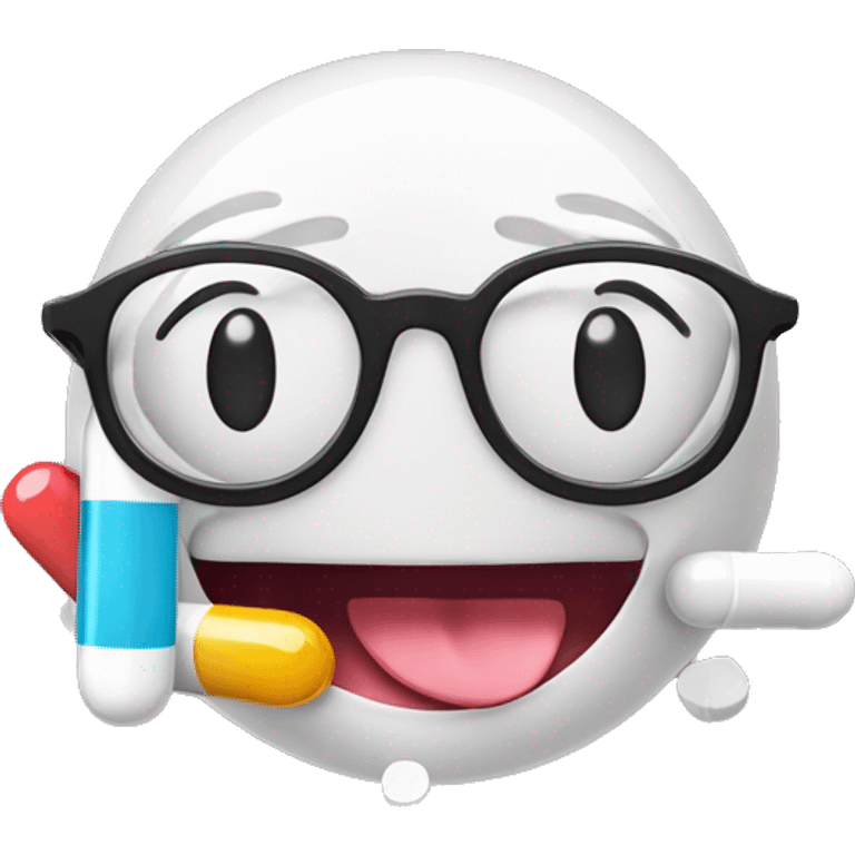 smiley face with its tounge out and pills on the tounge. It wears lab glasses and has a plaster under an wye emoji