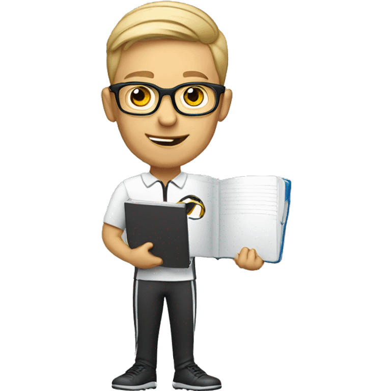 white young soccer coach with eyeglasses holding a notebook emoji