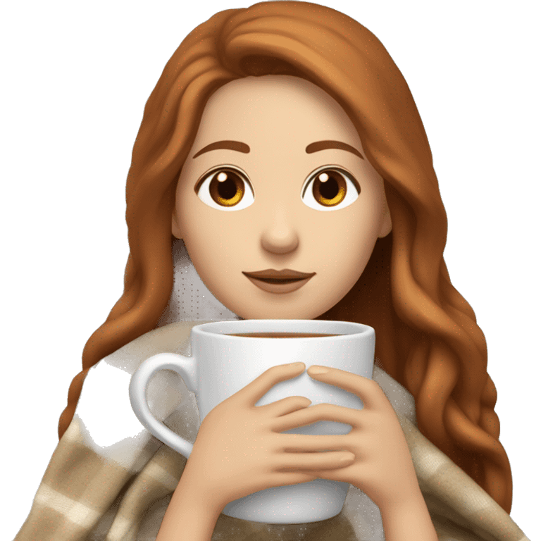 white girl with reddish brown long hair and brown eyes with blanket wrapped about shoulders and sipping tea emoji