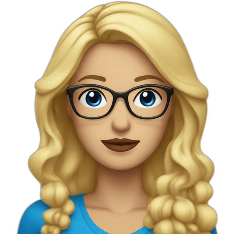 mujer rubia con ojos azules,pelo largo ondulado,labios rojos y gafas negras emoji