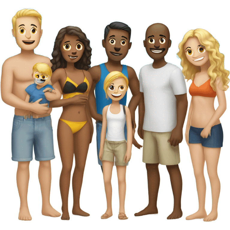 white family with 11 people at beach 4 men 3 women 4 kids emoji