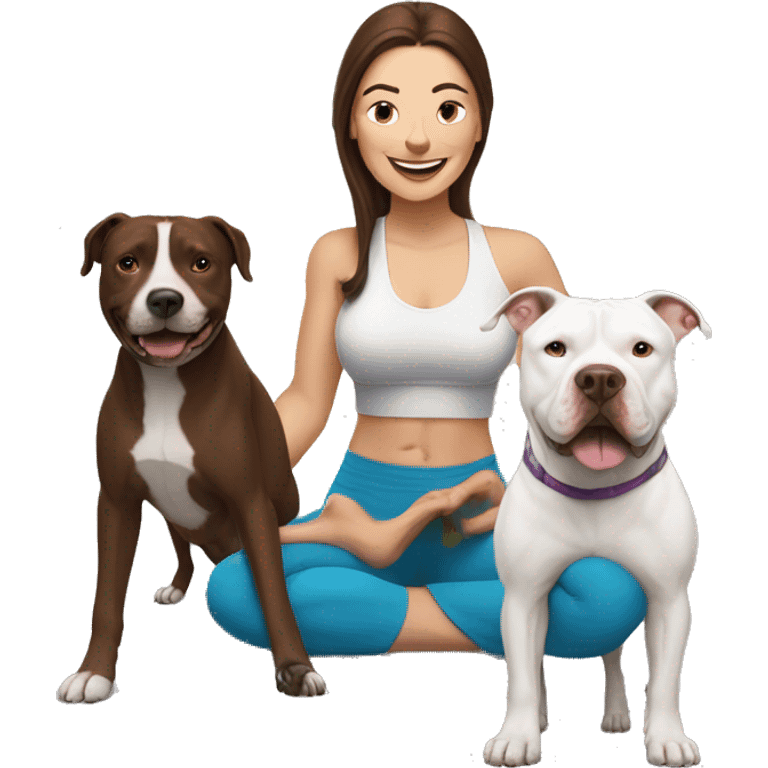 white woman with long dark brown hair expressing joy dressed in a yoga outfit alongside a pitbull dog emoji