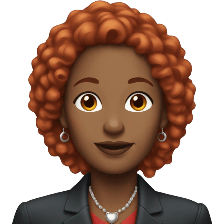 Black middle-aged woman with long red curly hair, dressed in professional attire, and wearing earrings emoji