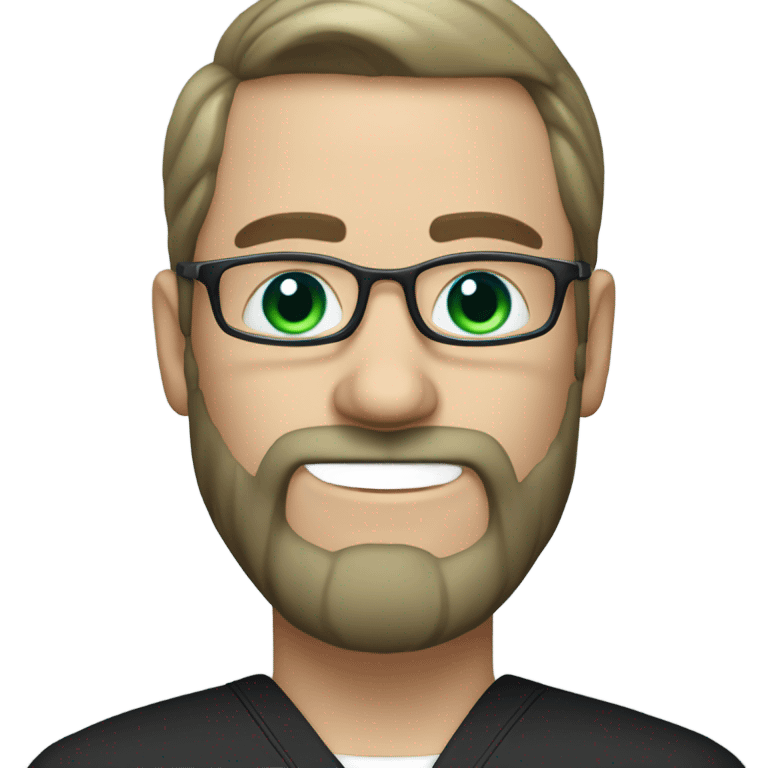 male dark blond with grey beard doctor with blue-green eyes and wire glasses in black scrubs holding a paintbrush emoji