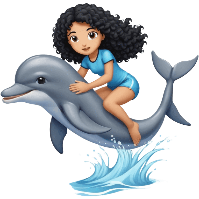 A girl with black curly hair riding a dolphin ￼ emoji