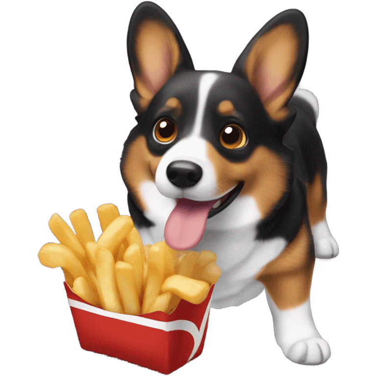 Black corgi with one floppy ear eating a french fry emoji