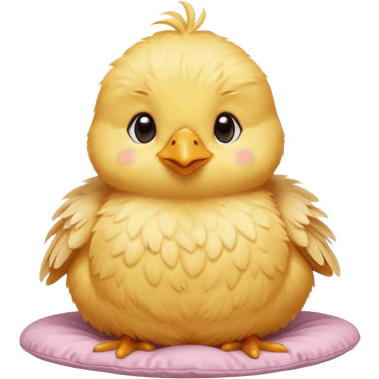 Cinematic round fluffy chick, golden yellow, tiny beak and feet, soft downy feathers, sparkling gentle eyes, sitting on a pastel-colored cushion, radiating warmth and sweetness. emoji