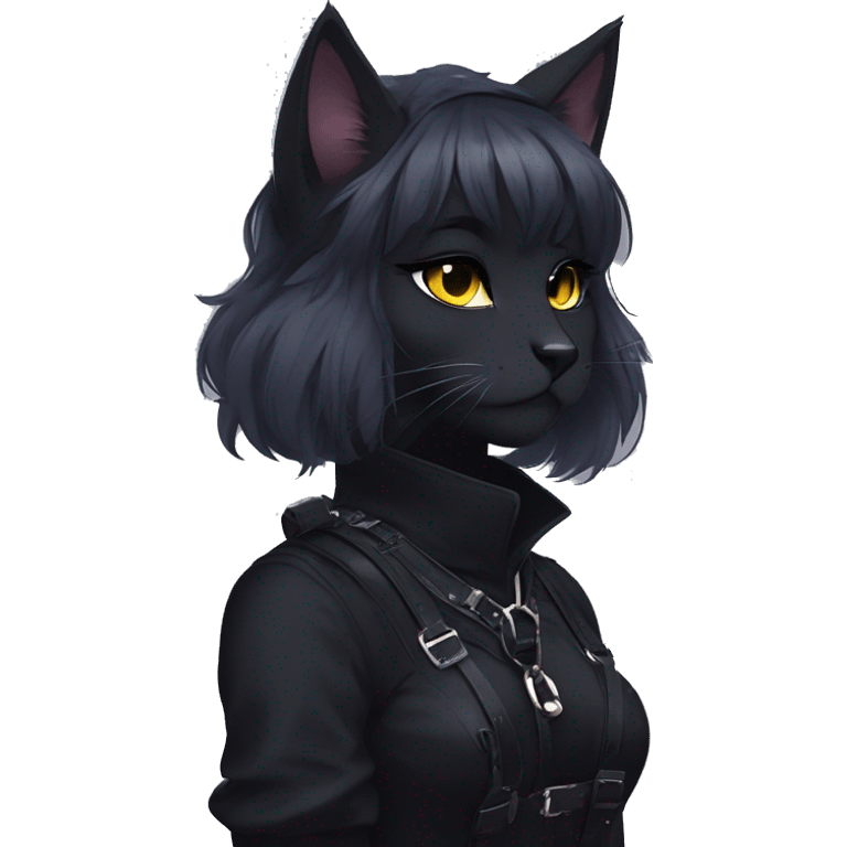 Gorgeous furry gothic dark techwear anime style anthro black cat furry sona with blushing face aesthetic and pretty edgy black with collar and harness trending style emoji