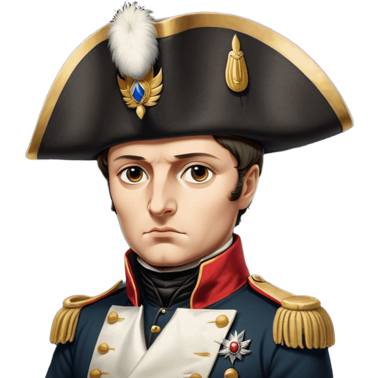 Cinematic Realistic Napoleon Bonaparte Portrait Emoji, depicted as a commanding military leader with a determined gaze and iconic bicorne hat, rendered with dramatic textures and bold historical lighting that captures his imperial legacy. emoji