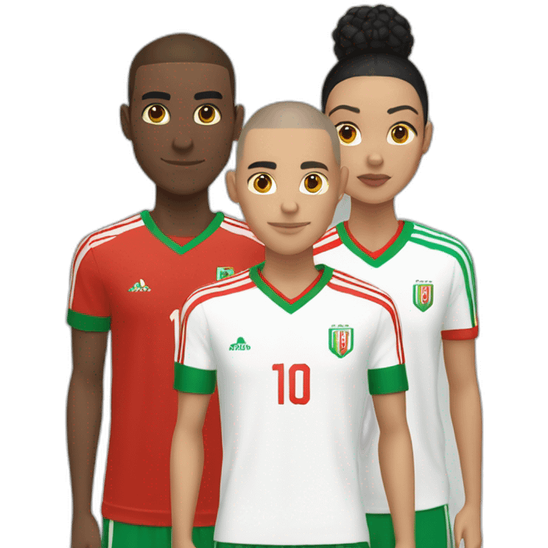 4 friends, a tall white one with black hair and a buzz cut wearing a french jersey, two other medium size wearing Morocco jerseys and a short light skin one wearing morocco jersey emoji