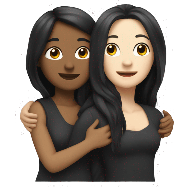 A lesbian couple that both have white skin and long black hair are hugging intimately, and romantically. emoji