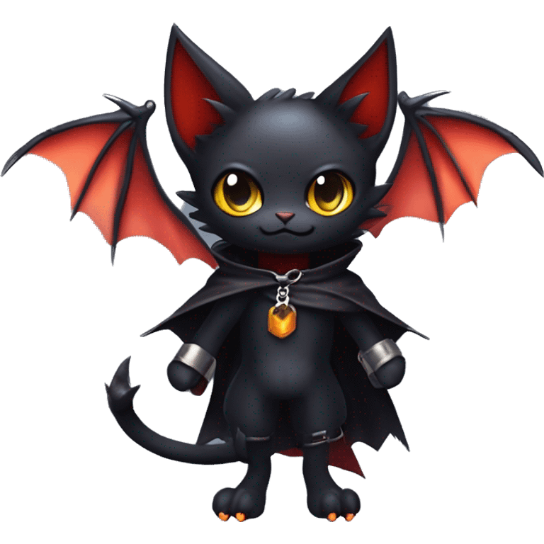 Cute edgy cool beautiful realistic vampiric dark eldritch fantasy Litten-Fakémon-Digimon with bat-wings as ears full body, cloak, choker collar, harness, leg straps emoji