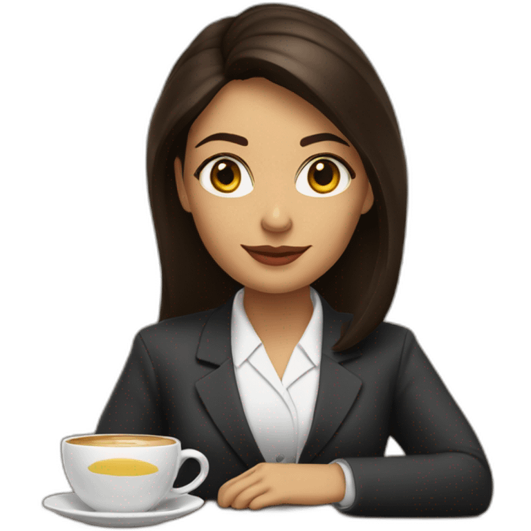 Brunette lawyer Cristiane Mello with honey eyes having a coffee”. emoji