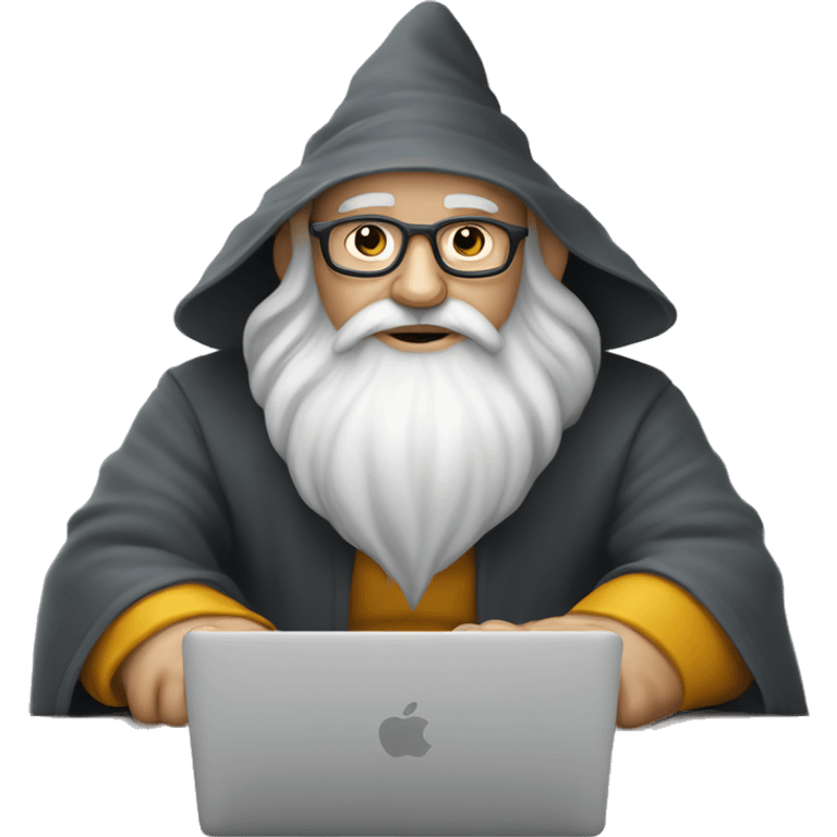 white-skin Wizard sitting cross legged and doing deep work on a Macbook emoji