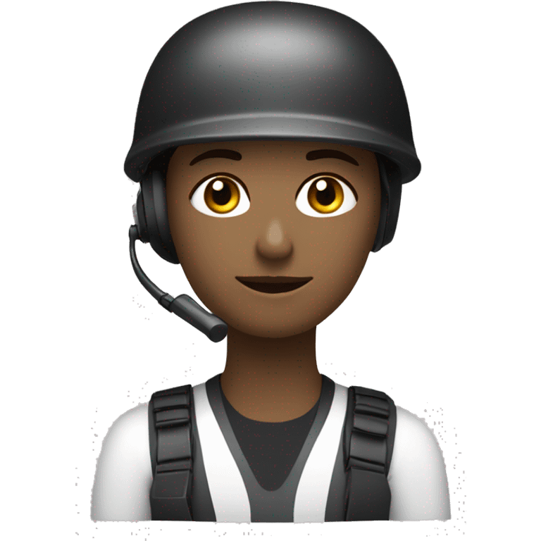 operator dressed in black with a milatary helmet, without glasses, wearing a headset, ready to respond to alerts, preferably white female emoji