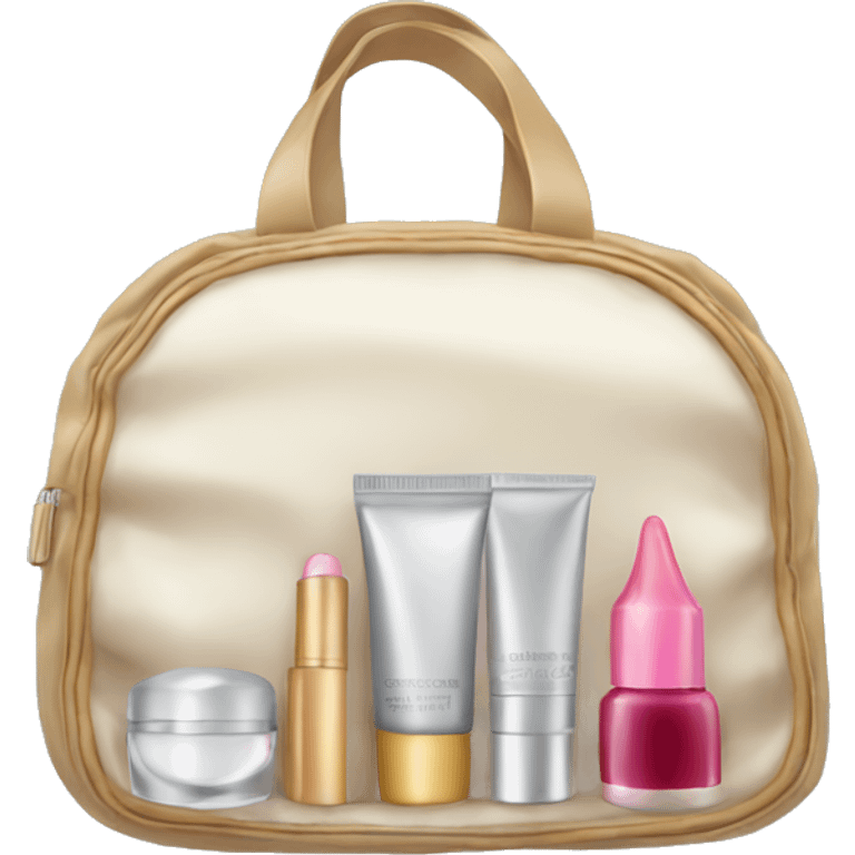 a bag containing cosmetics. some cosmetics peeking out of a cosmetic bag emoji