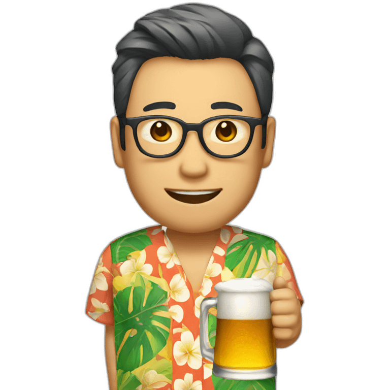 A Japanese man holding a beer and wearing an aloha shirt and glasses emoji