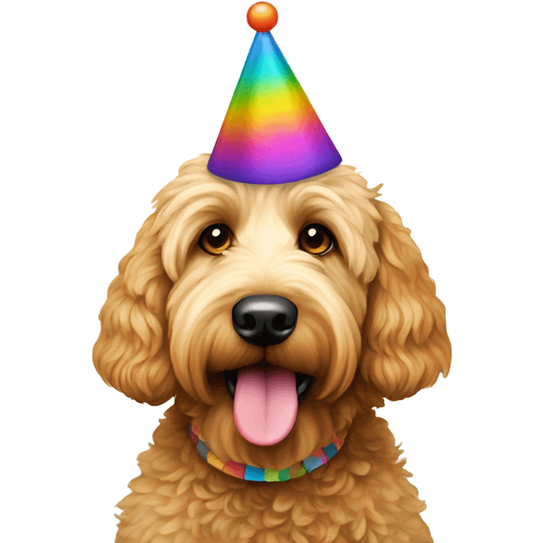 Golden doodle with birthday hat emoji