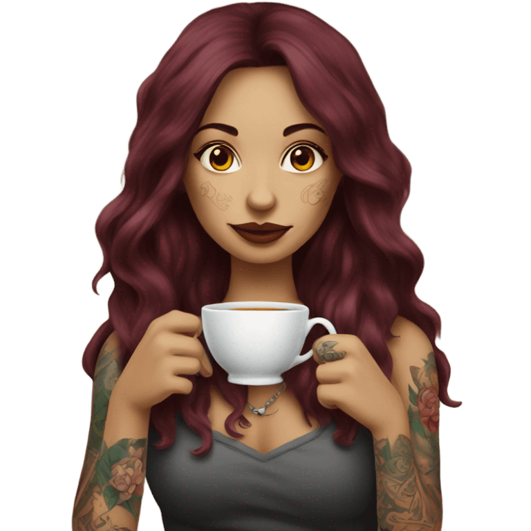 Beautiful tattooed  burgundy long haired woman sipping tea emoji