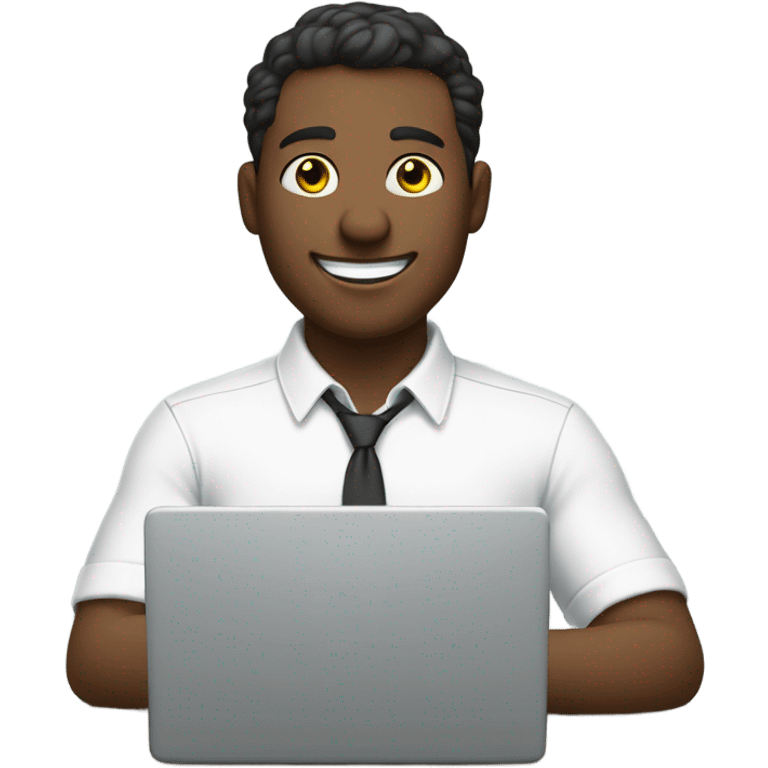 man in white button-down shirt typing and smiling emoji