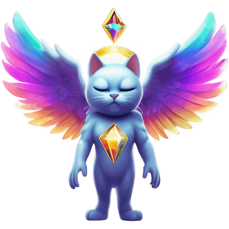 Omega ultra cosmic galactic hyperverseal alpha Transcendent Heavenly Rainbow 4d Diamond ultra mega surpream beyond Omni-Cat God with wings and a ring around its body and another ring above it’s head full body emoji