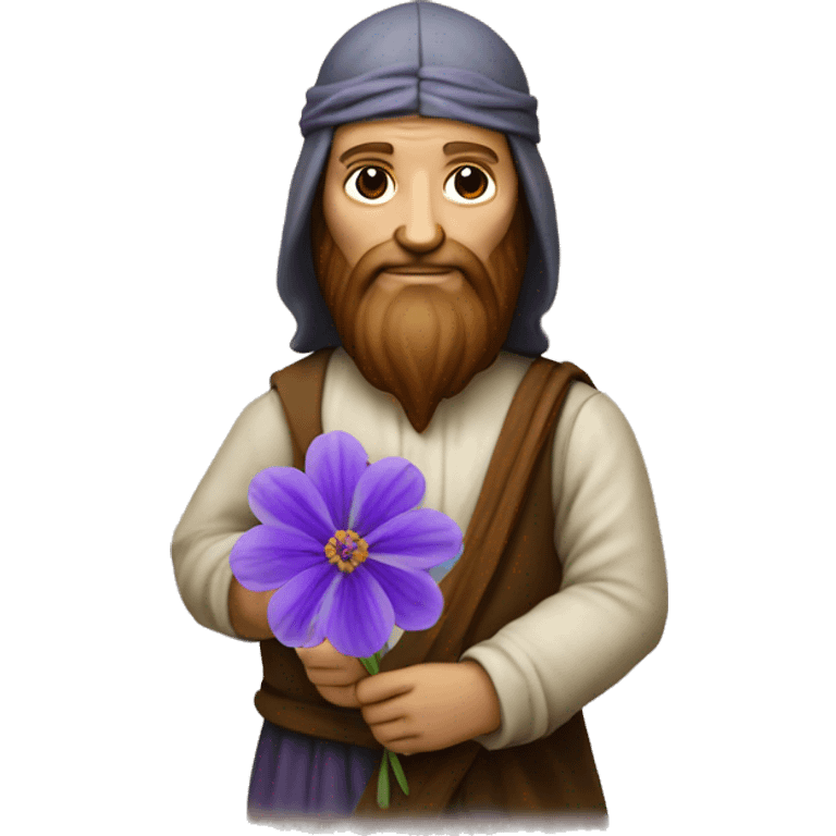 leonardo da Vinci holds a purple flower in his hands emoji