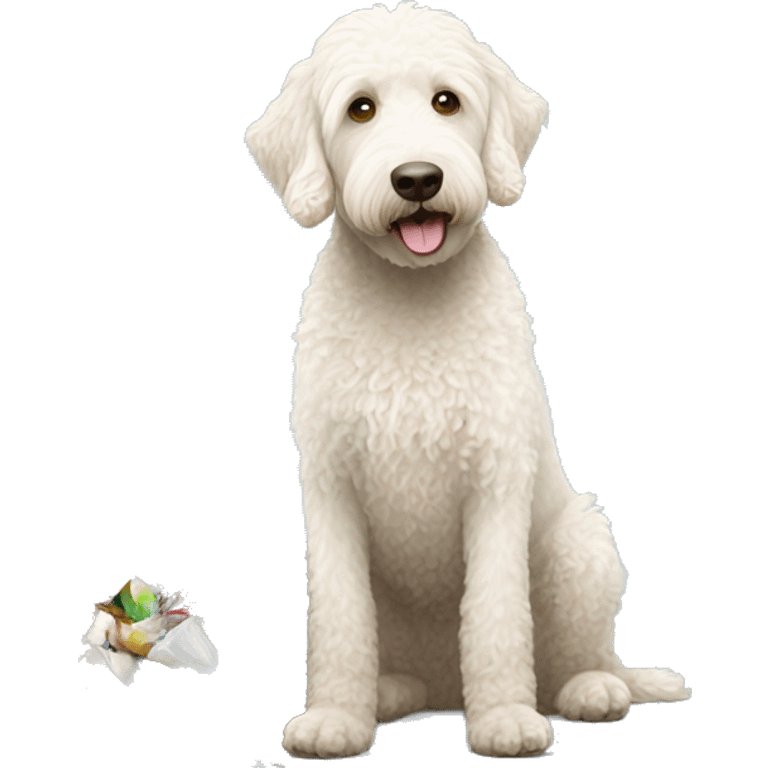 White labradoodle digging in garbage  can emoji