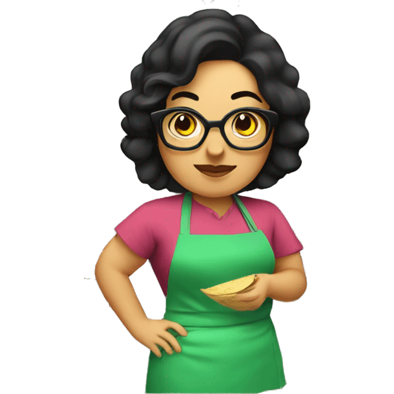 chubby lady with black hair green apron  with glasses cooking tacos emoji