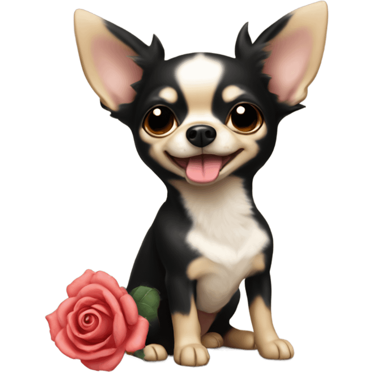 Cute fluffy Black and beige cartoon chihuahua holding a rose in mouth emoji