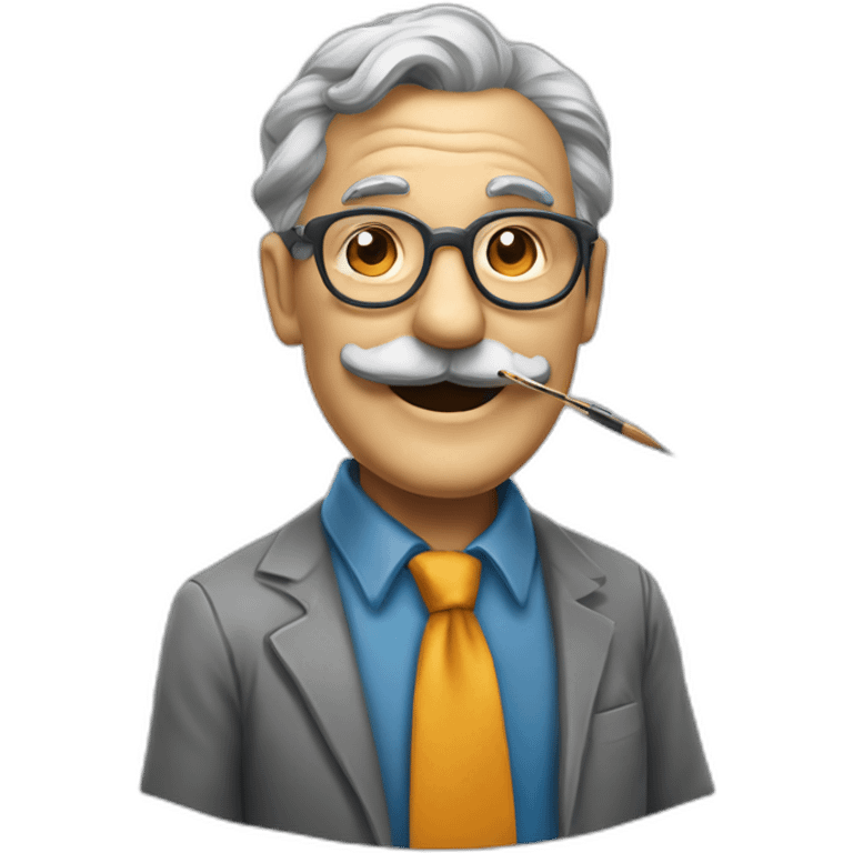 smiling old painter wearing a big grayl horeshoe mustache and glasse. he has a paintbrush in his hand. he wears color shirt and tie emoji