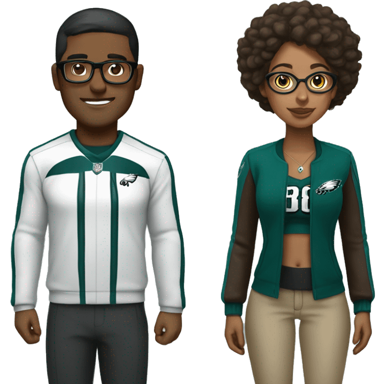 Brown guy and brown girl with glasses in Philadelphia eagles clothes emoji