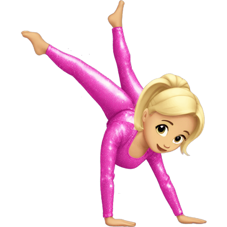 blonde hair girl do a handstand in pink glitter outfit emoji