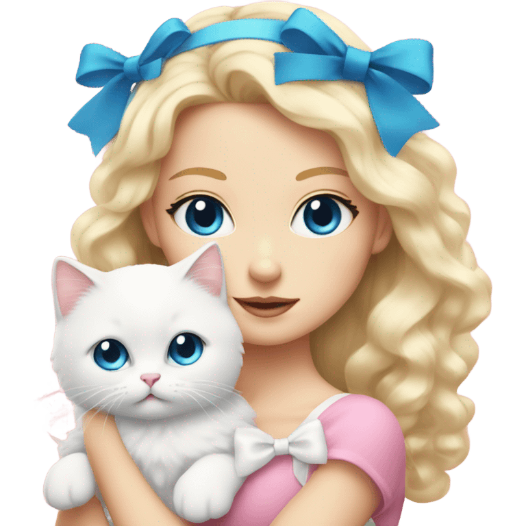 blonde girl with blue eyes and long eyelashes holding a fluffy white cat with a pink bow on its head emoji