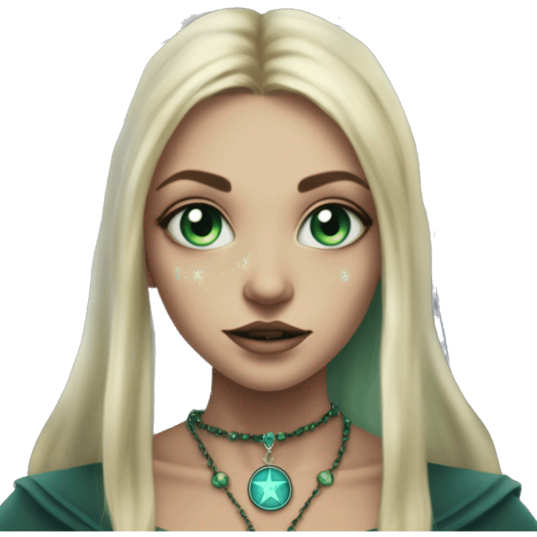 blonde witch girl with green eyes and straight hair with a birthmark above her upper lip wearing a necklace in a form of pentacle with a small blue stone inside doing tarot spread  emoji