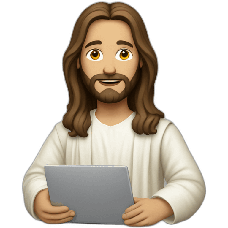 Jesus in modern clothes with a laptop emoji