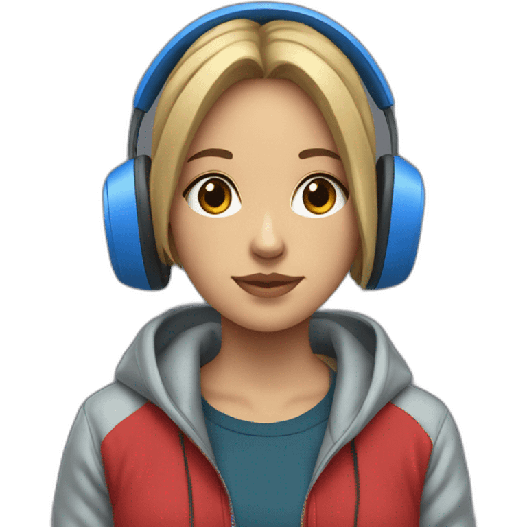 Lo-fi girl studing headphones, blue jacket, red hoodie emoji